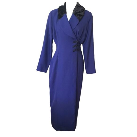 EXPO Vintage Navy & Black Textured Velvet Collared Trench Coat Dress Size 8 - Picture 1 of 16